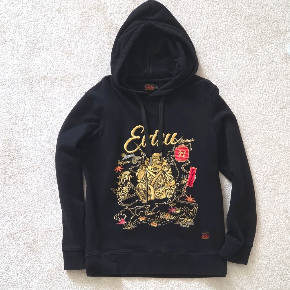 Evisu Black Hoodie with Gold and Red Design